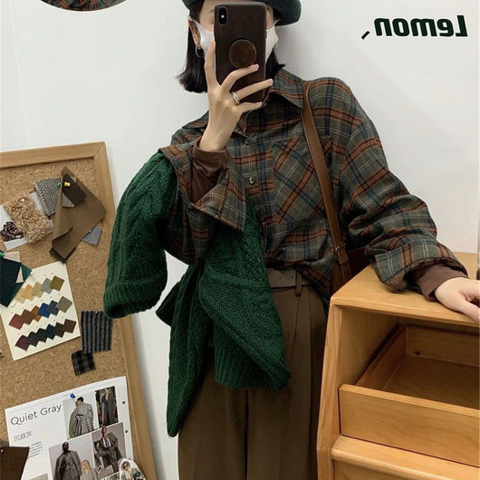 Blusa Cuadriculada Oversized Coreana de Manga Larga para Mujer - Image 6