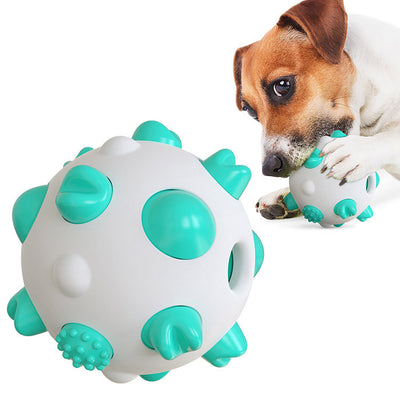 White and teal spherical dog toy with textured nubs for dental cleaning, shown with a dog chewing a similar toy. - Image 11