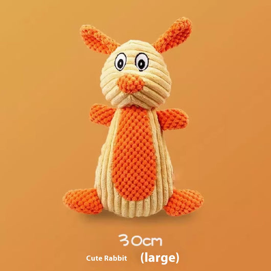 Plush rabbit pet toy with a beige ribbed body and orange textured ears, nose, belly, and feet, featuring a squeaker. - Image 5
