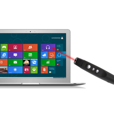 Black wireless presentation remote with laser pointer, USB receiver, and a matching black carrying case. - Image 4