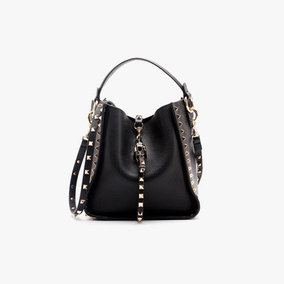 Bolso Bucket de Cuero Genuino con Cabeza de Leopardo y Tachas