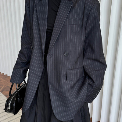 Blazer Casual de Solapa Ancha con Rayas - Silueta Esbelta y Temperamento Refinado