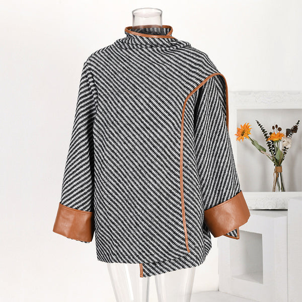 Abrigo de Lana Rayado con Cuello Maillard para Otoño e Invierno