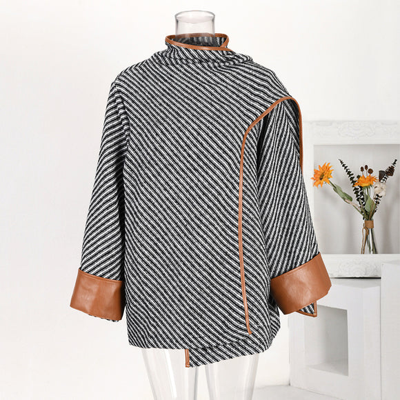 Abrigo de Lana Rayado con Cuello Maillard para Otoño e Invierno