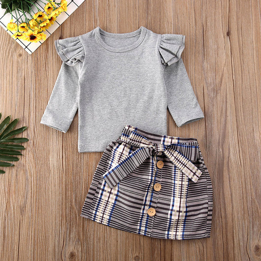 Conjunto Infantil 2 Piezas: Blusa Plisada Manga Larga + Falda a Cuadros - Image 10