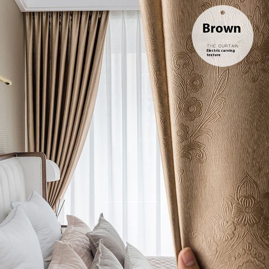 Brown thickened shading curtain with an electric carving floral texture, partially drawn in a bedroom setting. - Image 2