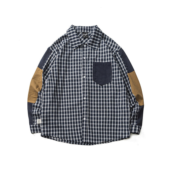 Camisa Retro Japonesa de Cuadros Patchwork con Contraste de Colores
