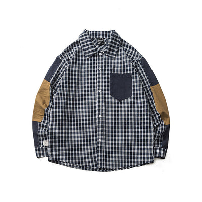 Camisa Retro Japonesa de Cuadros Patchwork con Contraste de Colores