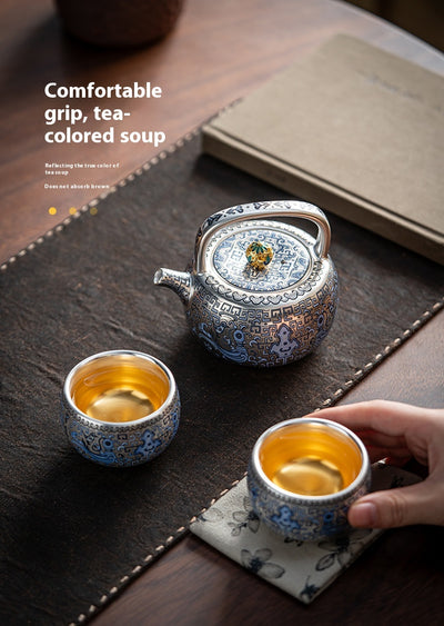 Juego de Té Taotie Chapado en Oro y Plata - Tetera Artesanal de Lujo - Image 17