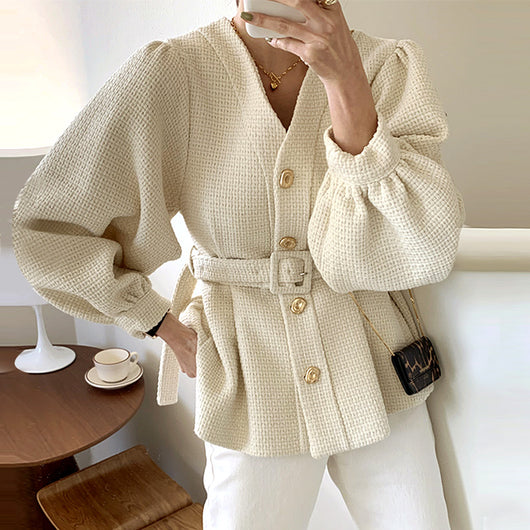 Chaqueta Suelta de Botón Simple con Mangas Linterna y Cinturón para Mujer