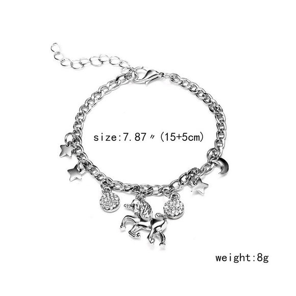Pulsera de Charms Unicornio Plata y Oro con Luna y Estrellas - Regalo Anime para Niñas y Mujeres