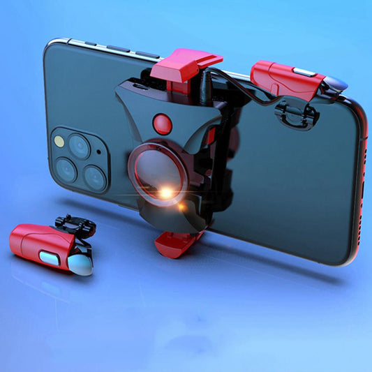 Black and red mobile phone gamepad with mechanical buttons floating above an open hand. - Image 2