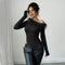 Blusa Otoño Invierno Diseño Exclusivo Patchwork Plumas Hombro Asimétrico Manga Larga Ajustada
