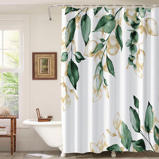 White shower curtain with a vibrant green botanical leaf print, hanging in a bright, modern bathroom. - Image 4
