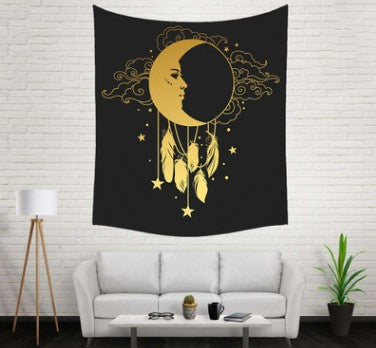 Bohemian sun and moon tapestry with a celestial pattern of golden suns and crescent moons on a dark blue background. - Image 17