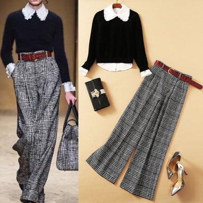 Conjunto de 3 Piezas: Suéter de Mohair con Cuello Texturizado, Camisa de Madera y Pantalón Ancho Cuadriculado