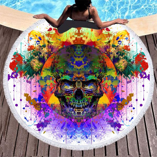 Toalla de Playa Redonda con Estampado Calavera y Borla