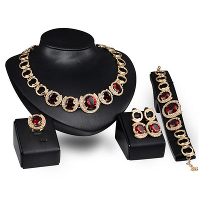 Conjunto de Joyería Nupcial Dorado con Cristales y Circones Verde y Rojo - Image 2