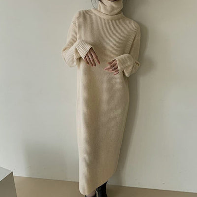Vestido Suéter Largo Cuello Alto Holgado Hasta la Rodilla para Mujer - Image 5