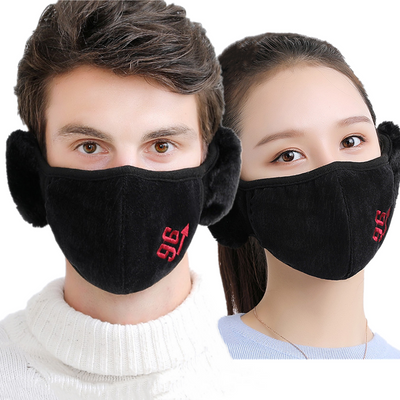 Brown winter mask with integrated faux fur earmuffs, featuring 'my girl' text and floral lace embroidery. - Image 2