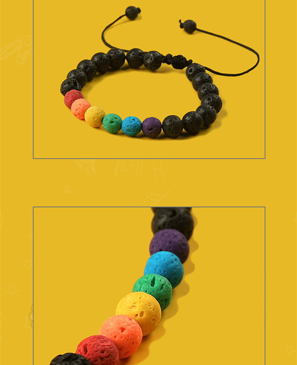 Pulsera de Piedra Volcánica Arcoíris Ajustable con Cuentas de Colores