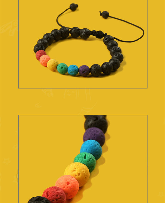 Pulsera de Piedra Volcánica Arcoíris Ajustable con Cuentas de Colores - Image 2