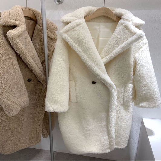 Abrigo de Lana para Mujer con Cuello de Peluche Sintético Largo