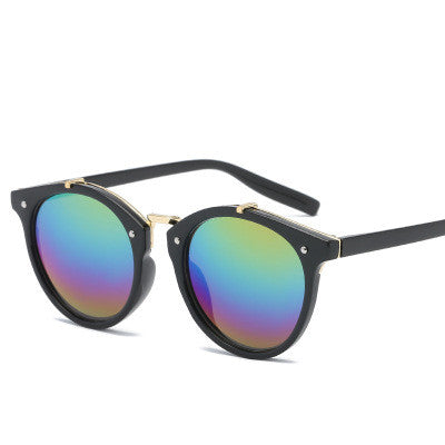 Black round sunglasses with silver mirrored lenses and gold-tone bridge and accents on a white background. - Image 6