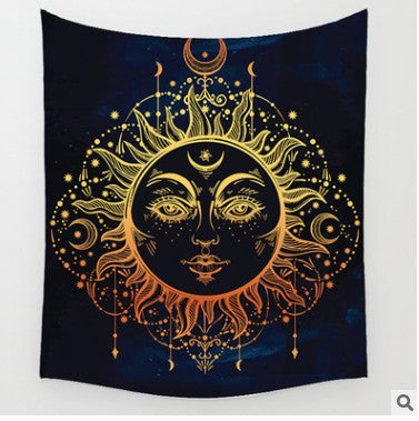 Bohemian sun and moon tapestry with a celestial pattern of golden suns and crescent moons on a dark blue background. - Image 24