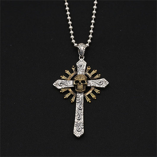 Dije Calavera Cruz de Plata Esterlina con Incrustaciones de Cobre Retro - Image 7