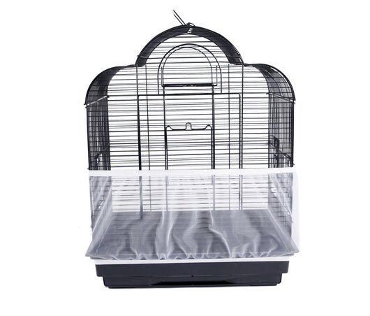 White mesh bird cage cover on a black wire bird cage with a black base, designed to catch seeds and dust. - Image 5