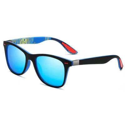 Black frame polarized sunglasses with blue mirrored lenses and blue and red accents on the temples. - Image 11