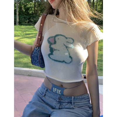 Camiseta Blanca de Manga Corta con Estampa de Conejo para Mujer - Image 7
