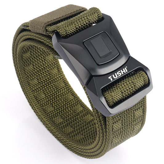 Men's tan tactical belt with a black quick-release buckle, coiled on a white background.