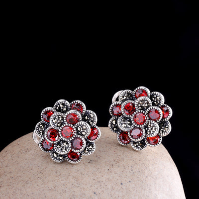 Aretes de Plata 925 Flor con Zircón Rojo para Mujer