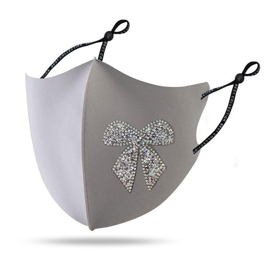 Black cloth face mask with a sparkling red and silver rhinestone bow design and adjustable ear loops. - Image 9