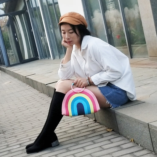 Bolsa de Playa Tejida Arcoíris Portátil para Mujer - Image 2