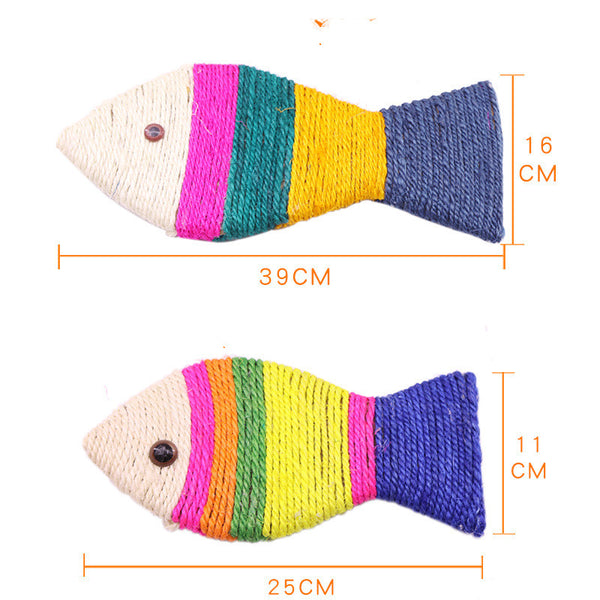 Two colorful fish-shaped sisal cat scratch boards, one large and one small, with striped bodies and dark blue tails.