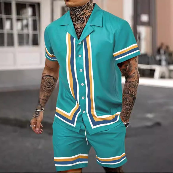 Conjunto Masculino de Duas Peças com Camisa Gola Cubana