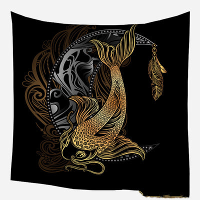 Golden crescent moon and woman silhouette tapestry with a floral crown against a dark blue starry background. - Image 13