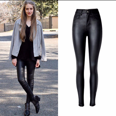 Pantalones de Cuero Sintético PU Cintura Alta Slim Fit Talla Grande