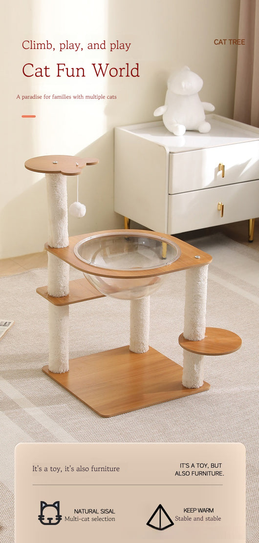 Multi-layer cat tree with a plush top bed, clear space capsule, wooden cat house, sisal scratching posts, and climbing stairs. - Image 6