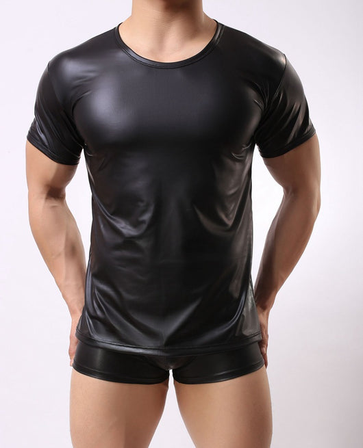 Playera de Cuero Mate PU Cuello Redondo Manga Corta para Presentaciones - Image 5