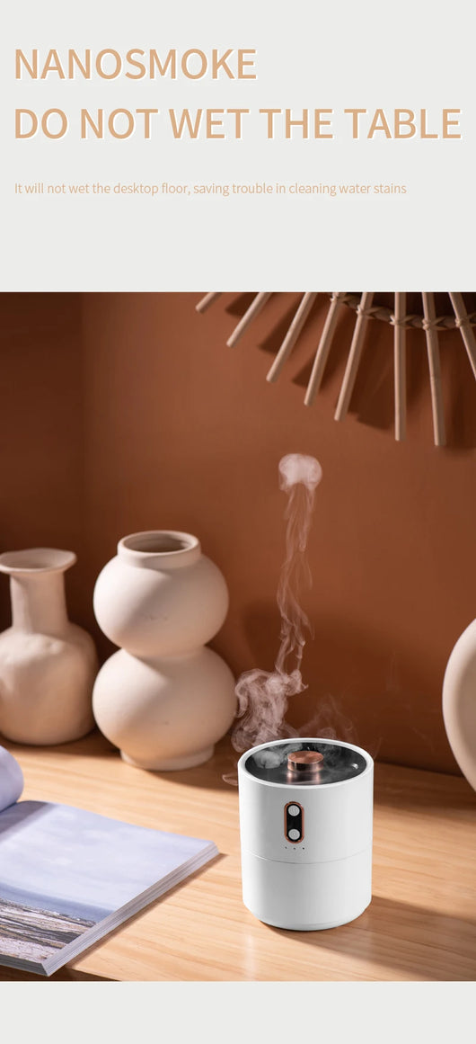 White cylindrical desktop humidifier with rose gold accents, black top, and front control buttons. - Image 17