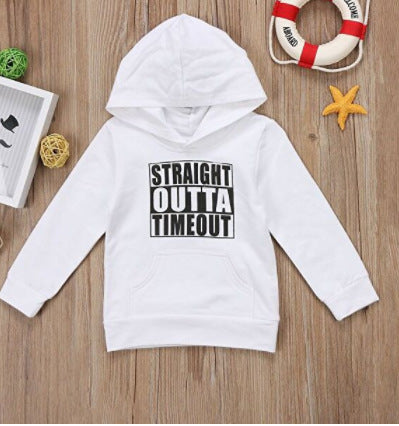 Black children's hooded pullover sweater with "STRAIGHT OUTTA TIMEOUT" in white text and a kangaroo pocket.