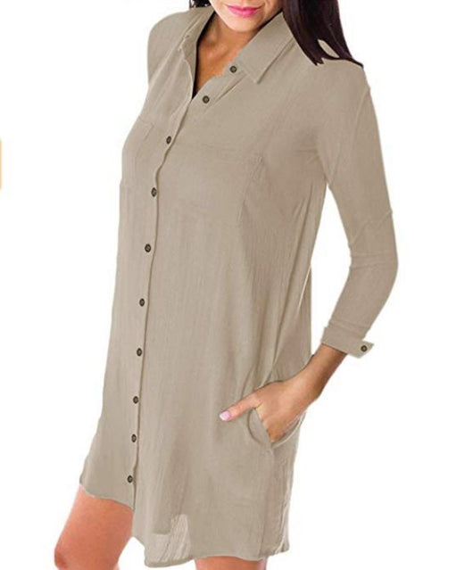 Vestido Camisero Holgado de Manga Larga con Bolsillos - Image 4