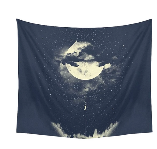 Moon Escape Tapestry featuring a full moon, dark clouds, and stars, with figures on and climbing from the moon towards a forest. - Image 4