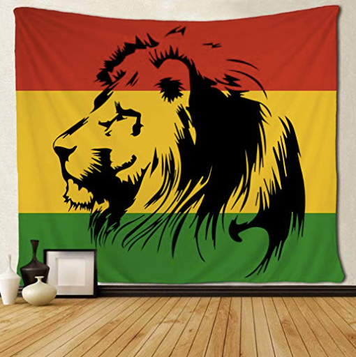 Reggae flag tapestry with a black lion's head in profile against red, yellow, and green stripes.