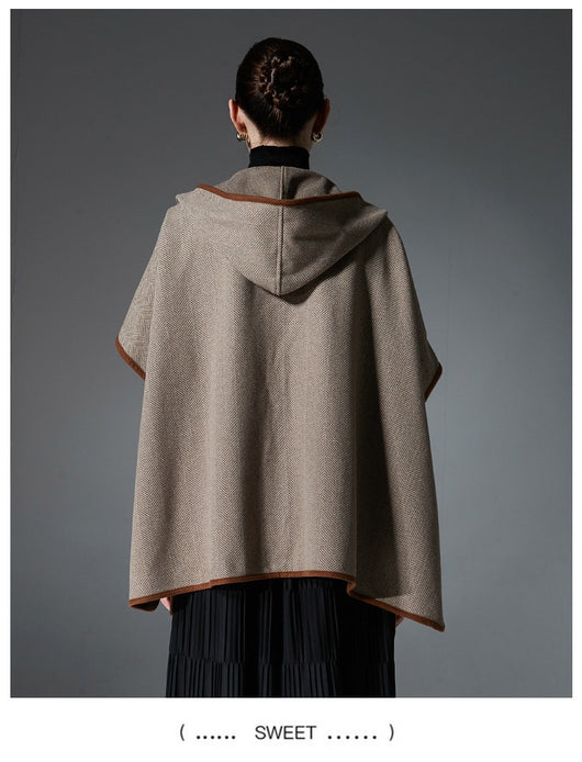 Poncho Capa de Lana Reversible con Patrón Espiga y Capucha - Image 11