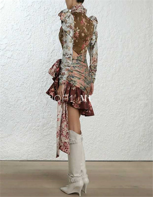 Vestido Largo Estampado con Cinturón de Contraste y Manga Larga - Image 2